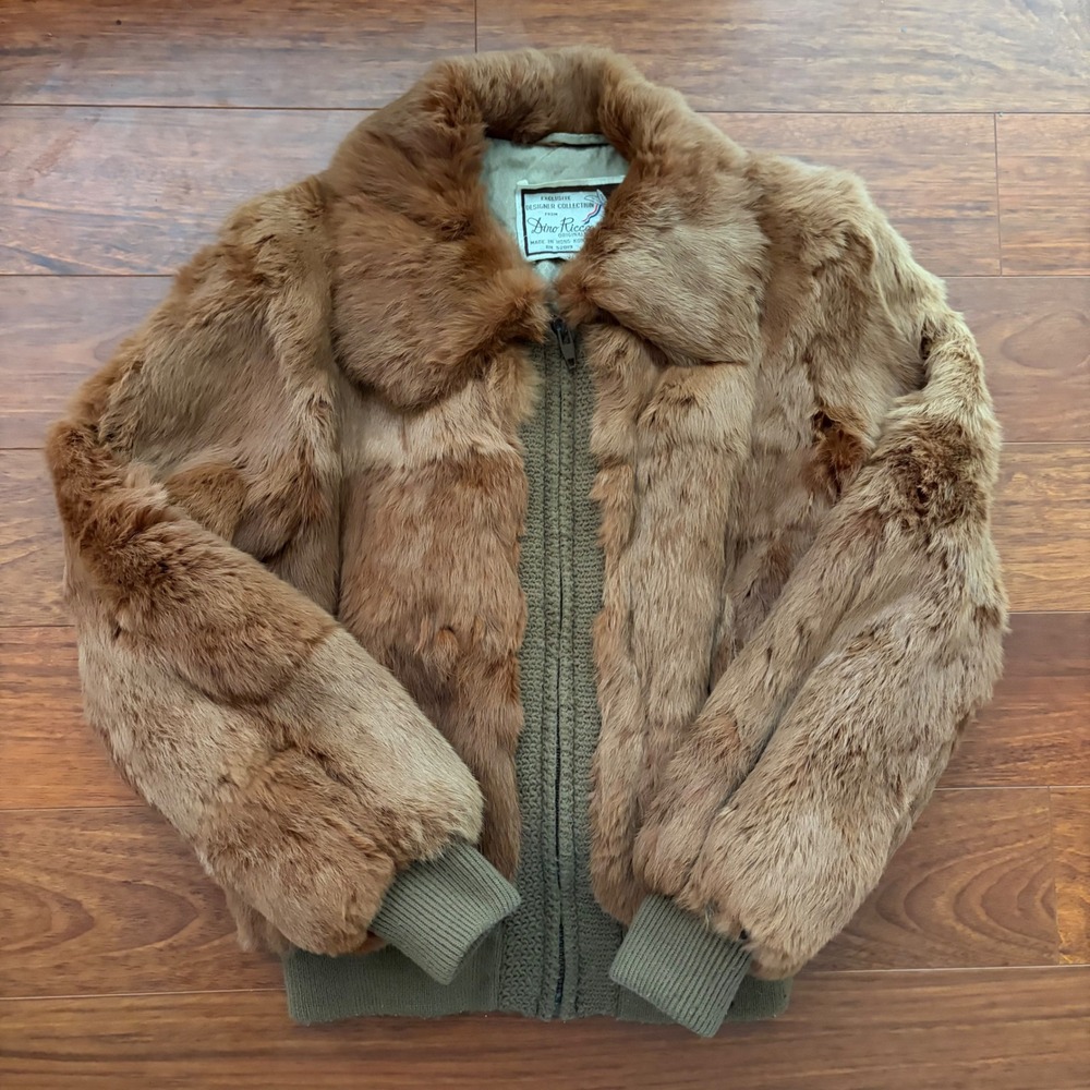 Vintage Dino Ricco Genuine Rabbit Fur Bomber Jacket Large Brown Full Zip
